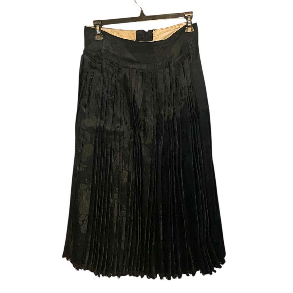 Vintage 50s Black Floral pleated Midi Skirt Lace Trim  Full skirt Retro